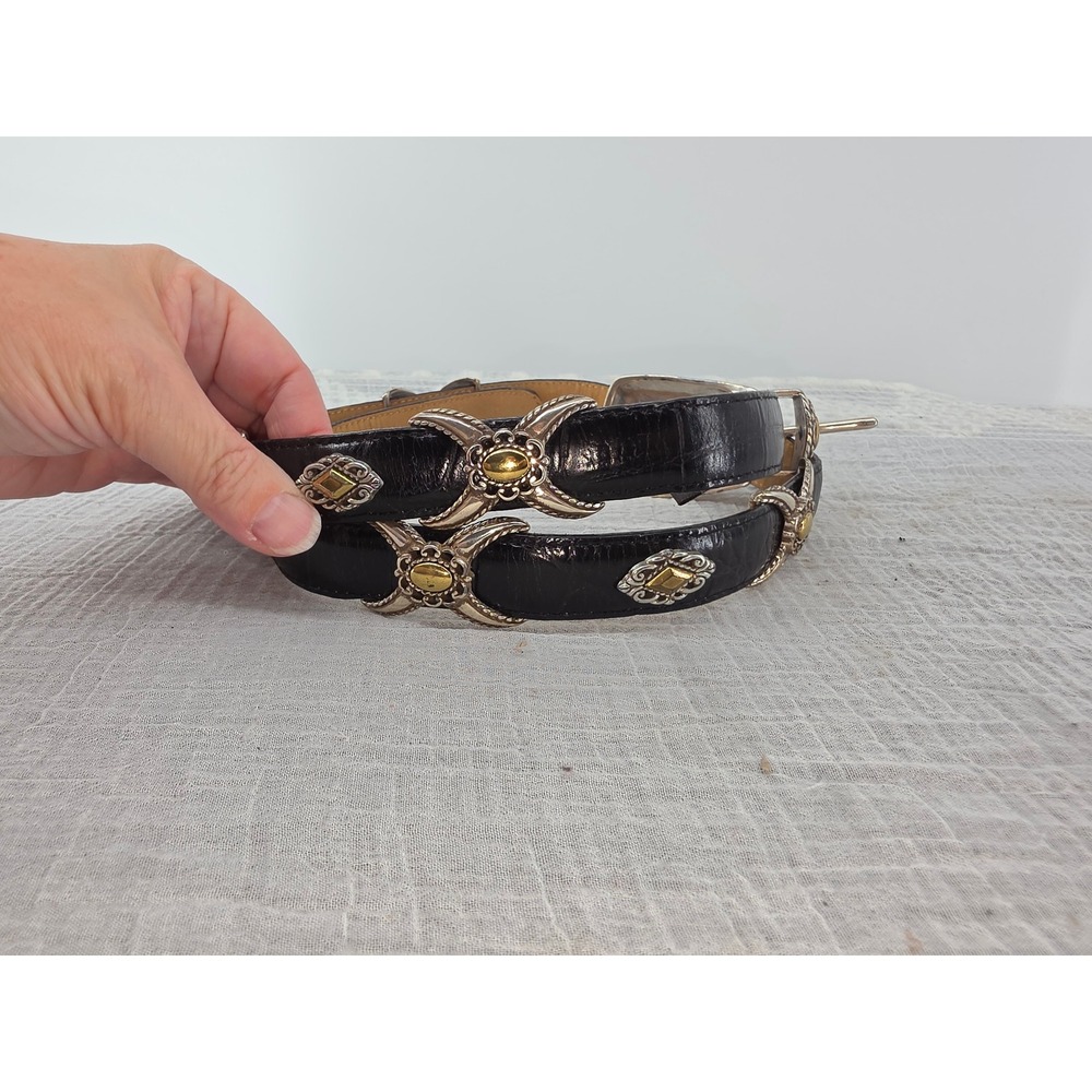 Brighton Black Croc Embossed Leather Western Concho Belt Silver Gold Tone 30